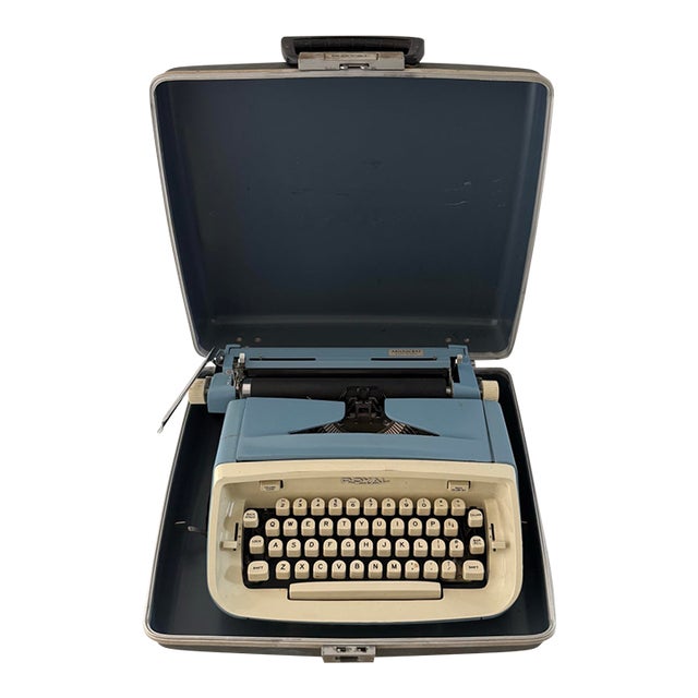 1950s Royal Aristocrat Blue and Cream Portable Typewriter With Case For Sale