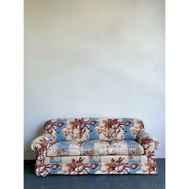 Shabby Chic Vintage Undersea Printed Three Seat Sofa For Sale - Image 3 of 12
