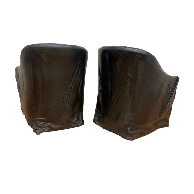 Vintage Mario Bellini Style Black Italian Draped Leather Barrel Back Club Chairs by Neidermier - Pair For Sale In Chicago - Image 6 of 8