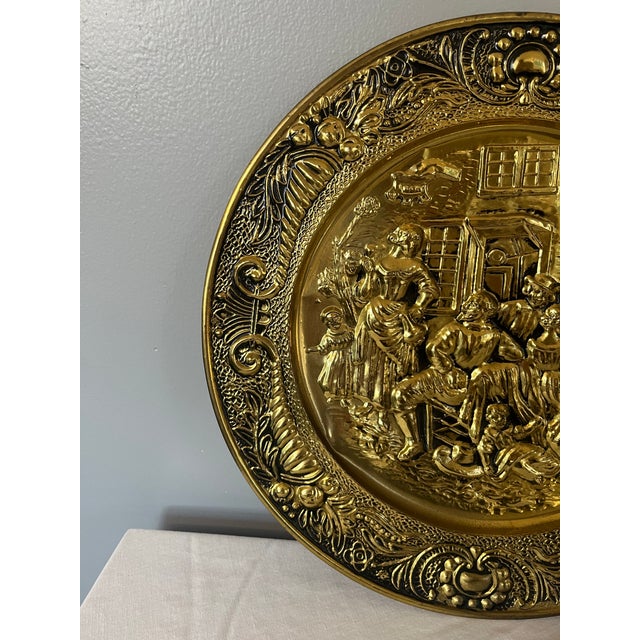Brass Vintage English Embossed Brass Plate - Colonial Family Scene For Sale - Image 8 of 10