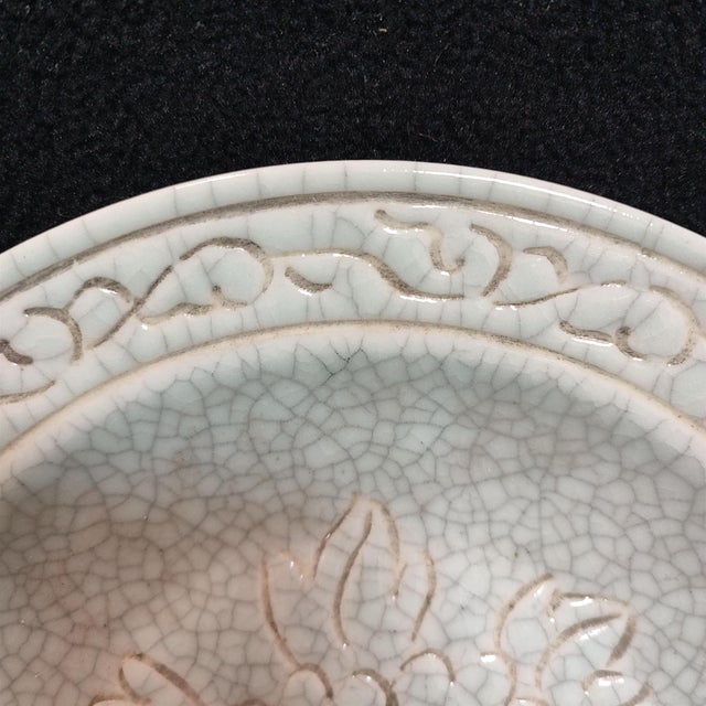 Chinese Ceramic Plate,Guan Ware Crackle Glaze Porcelain Plate Hand Carved Flowers Pattern For Sale In Seattle - Image 6 of 10
