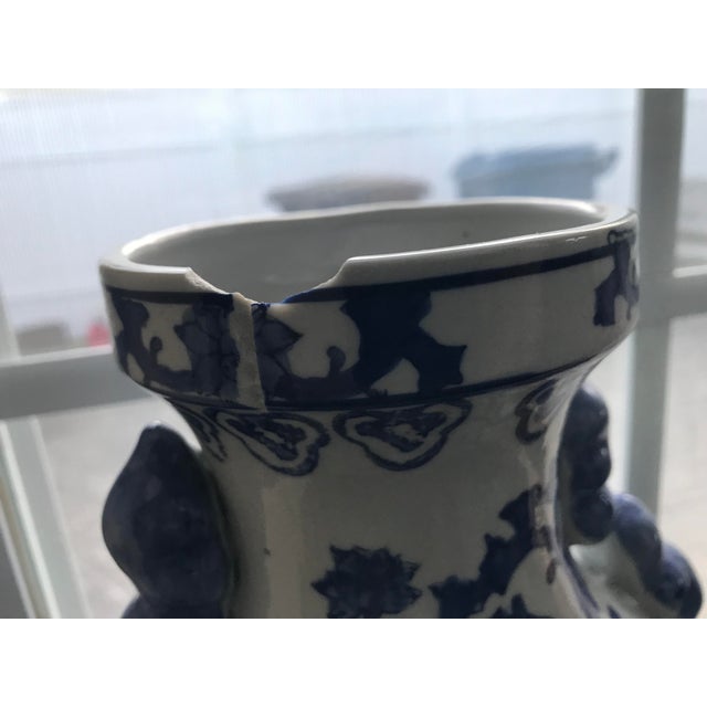 Ceramic Large 14" Vintage Chinoiserie Blue & White Lotus Vases With Foo Dog Handles – Pair For Sale - Image 7 of 8