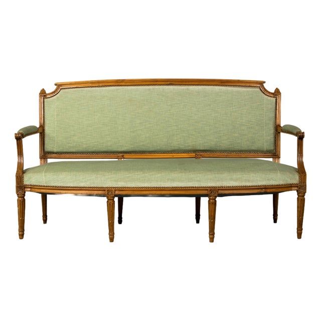 18th Century French Louis XVI Walnut Settee With Celadon Velvet For Sale