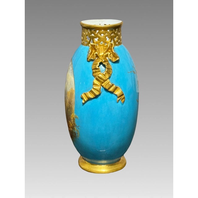 Turquoise Antique Royal Worcester Gilt & Turquoise English Landscape Reticulated Vase, Aesthetic Period 1873 For Sale - Image 8 of 10