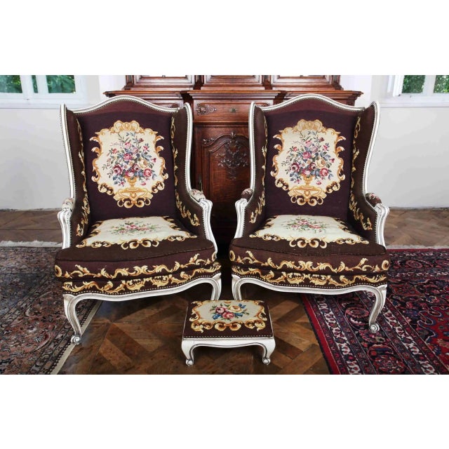 Louis XV High-Backed Armchairs and Ottoman, Set of 3 For Sale - Image 9 of 9
