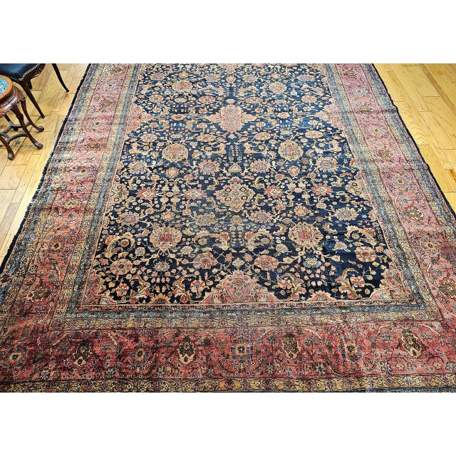 Textile 19th Century Oversized Persian Farahan Sarouk Rug, Hand-Knotted Wool, Allover Geometric Design, Navy & Red, 11x17 For Sale - Image 7 of 16