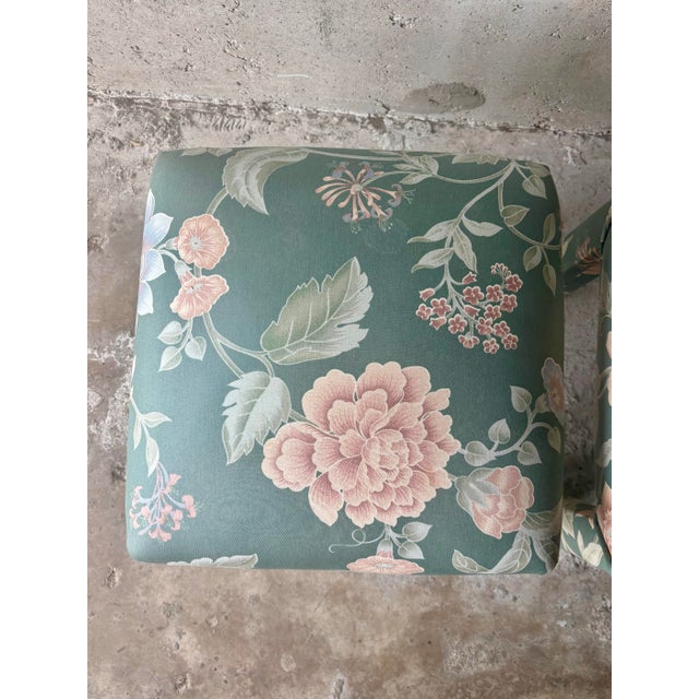 Celadon Pair of Vintage Mid-Century Parsons Stools in Palm Beach Regency Fabric For Sale - Image 8 of 8