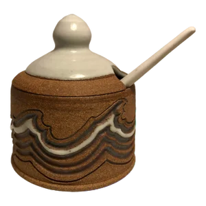 1991 Stoneware Sugar Bowl / Lidded Jar With Spoon by Tim Hahne