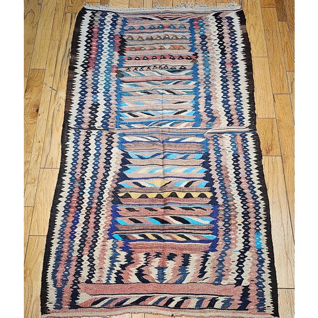 Textile Antique Kurdish Bidjar Tribal Kilim Rug, Handwoven Wool, Stripe Pattern, Turquoise & Yellow, 5x9 For Sale - Image 7 of 15