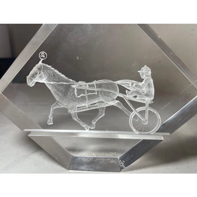 Transparent Pair of 2 Vintage Handmade Carved Etched Lucite Acrylic Harness Jockey Bookends For Sale - Image 8 of 14