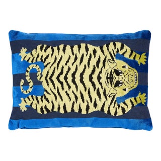 Schumacher x Johnson Hartig Jokhang Tiger Velvet 20" Lumbar Pillow in Blue For Sale