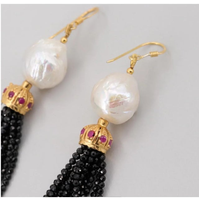 1990s Gold on Sterling Silver Cultured Pearl, Ruby & Onyx Tassel Earrings - 2 Pieces For Sale In West Palm - Image 6 of 6