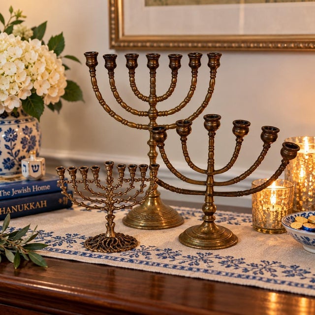 Mid-Century Modern Mid-20th Century Trio Variegated Height Brass Menorahs For Sale - Image 3 of 12