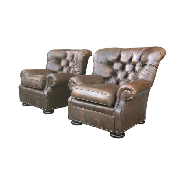 1960s Tufted Leather Churchill Lounge Chairs With Nailhead Trim & Rich Patina - A Pair For Sale - Image 4 of 15