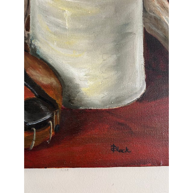 1970s Vintage Impressionist Still Life Oil Painting of Violin Stoneware and Lemons For Sale - Image 5 of 7