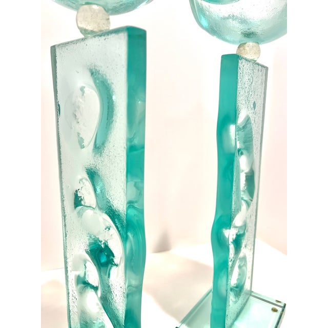 Glass Pair of Aqua Teal Studio Art Glass Sculptures Totems Lucite Bases 15.5” Abstract Modern For Sale - Image 7 of 9