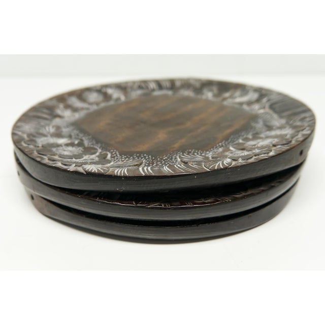 Japanese Cherry Blossom Carved Wood Decorative Plates Chargers Trivets Set of 3 For Sale - Image 3 of 6