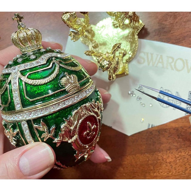Art Deco Pierre Lorren Handmade Faberge Egg Style Trinket Fabergé Egg Style Austrian Crystal Diamond Pure Gold Deco Hand Painted 5 Star Egg & Handmade Bracelet For Sale - Image 3 of 8