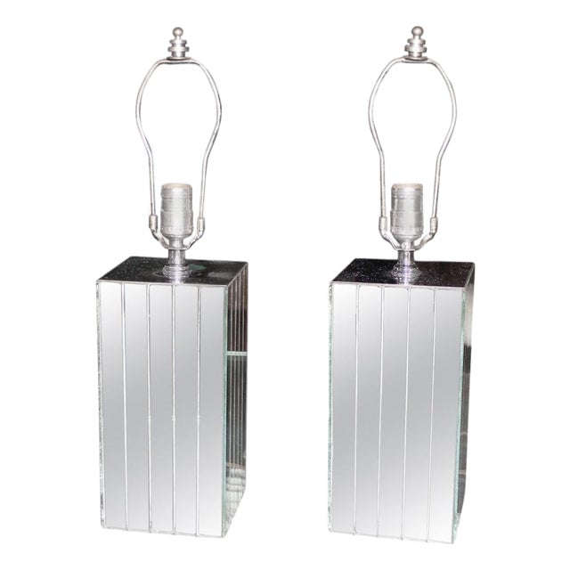 Pair of Square Sky Scraper Shape Mid-Century Modern Mirrored Table Lamps MINT! For Sale