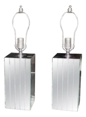 Pair of Square Sky Scraper Shape Mid-Century Modern Mirrored Table Lamps MINT!