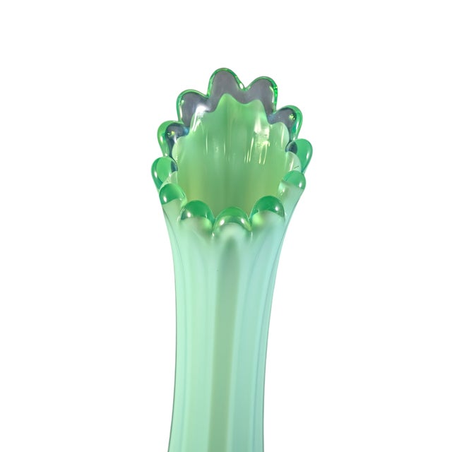 Mid-Century Modern 1960's Fostoria Opalescent Green Swung Glass Vase 11" For Sale - Image 3 of 6