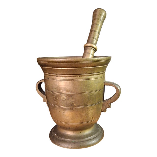 18th C Antique Solid Brass Mortar Pestle Set Heavy 15lb Judaica Apothecary For Sale