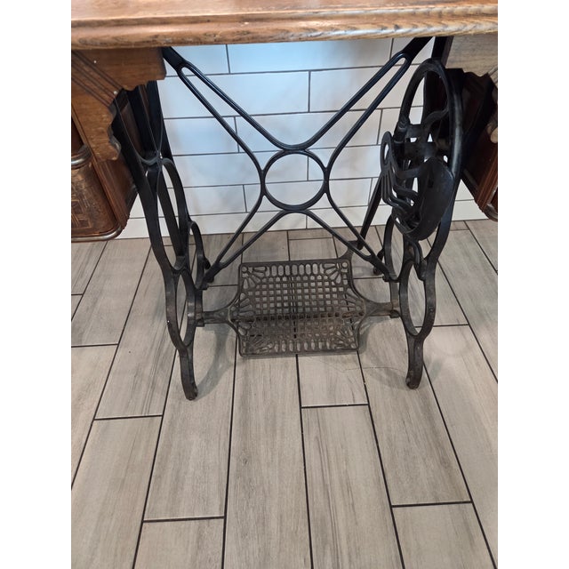 Late 19th Century Antique Davis Treadle Sewing Machine in Wooden Cabinet With Ornate Cast Iron Base, Late 19th Century For Sale - Image 5 of 14
