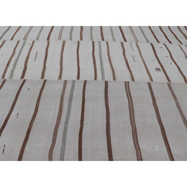 Mid 20th Century Large Turkish Vintage Flat-Weave in Light Brown and Cream With Stripe Design For Sale - Image 5 of 13