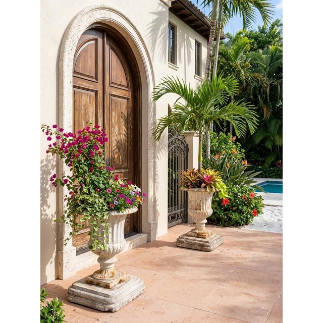 Pair of Vintage Cast Iron Campana Urns on Weathered Cast Stone Bases For Sale - Image 9 of 12