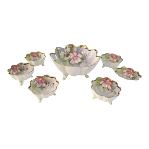 Antique Nippon Porcelain Floral Footed Salt Cellars W/Master Bowl