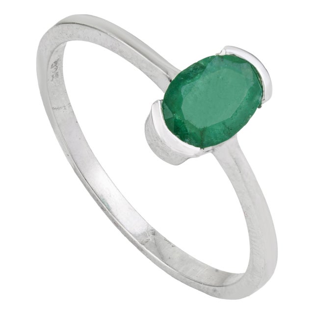 Minimalist 925 Sterling Silver Natural 0.83 Ct Oval Emerald Solitaire Ring Size 8 For Sale