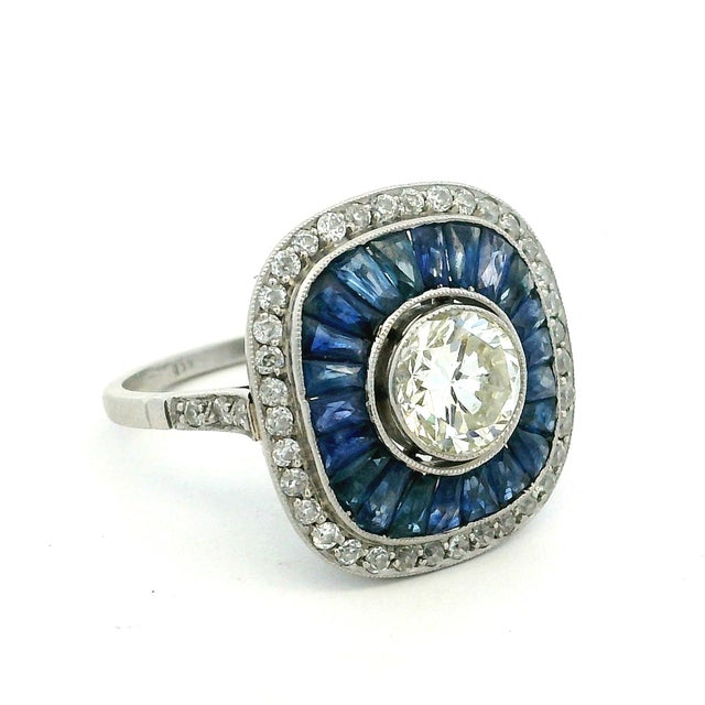 Art Deco Platinum 1 Carat Diamond Calibré Sapphire Target Ring, Size 6.75 For Sale - Image 14 of 14