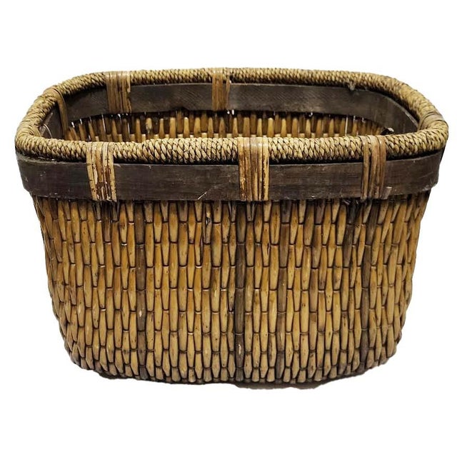 Farmhouse Large Rustic Woven Rattan Market Basket With Handles For Sale - Image 3 of 7
