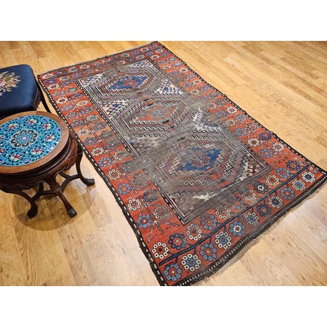 Antique Caucasian Karabagh Area Rug, Hand-Knotted Wool, Geometric Design, Ivory & Blue, 5x8 For Sale - Image 9 of 17