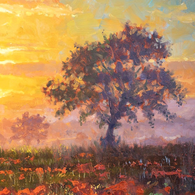 Field of Memories captures a vibrant landscape bathed in the warm glow of a setting sun, where lush poppies blanket the...