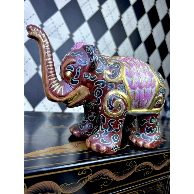 1980's Pair Decorative Ceramic Elephant Figurines in Burgundy, Pink & Gold Chinoiserie, Export Marks For Sale - Image 10 of 16