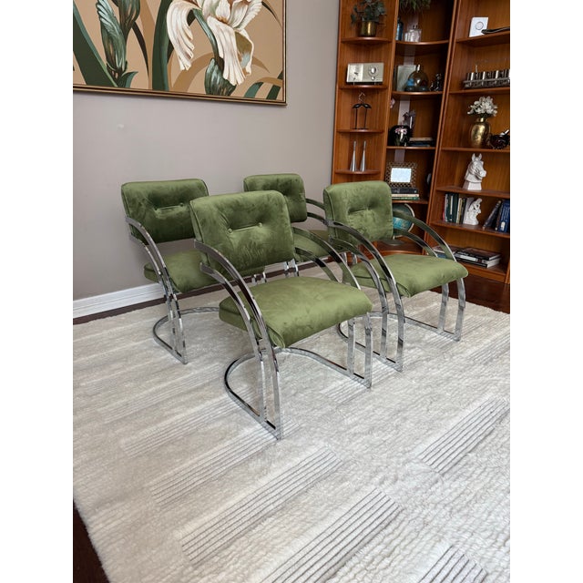 Mid 20th Century Vintage 1970s Chrome Cantilever Velvet Dining Chairs After Milo Baughman For Sale - Image 5 of 12