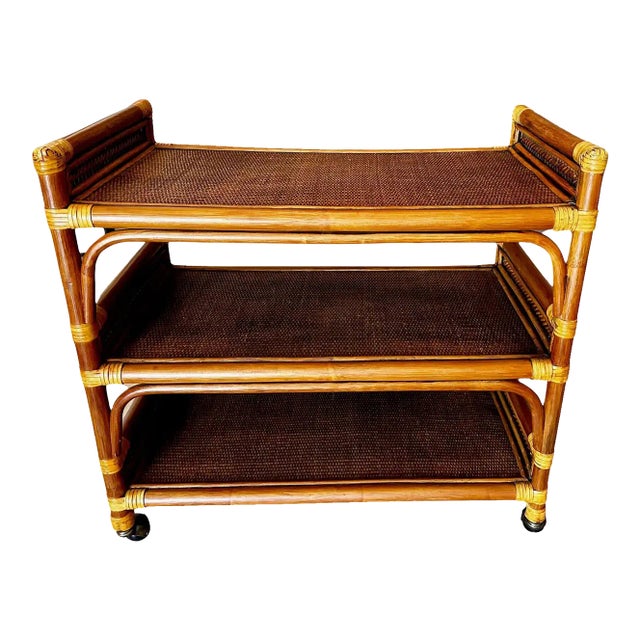 Mid-Century Three-Tier Bamboo & Caning Bar Cart For Sale