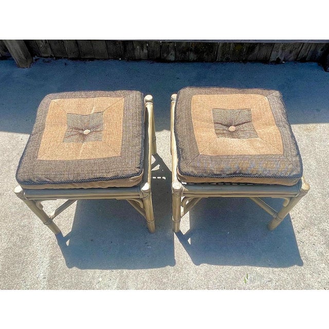 McGuire Furniture of San Francisco rattan ottomans or footstools. Gray/taupe finish with loose cushions (may not be...