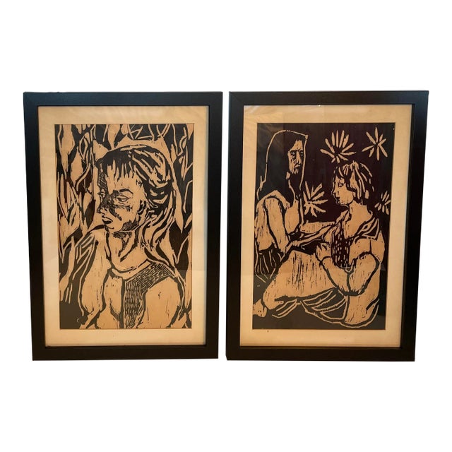 Late 1950s Original Vellum Woodblock Prints - a Pair For Sale