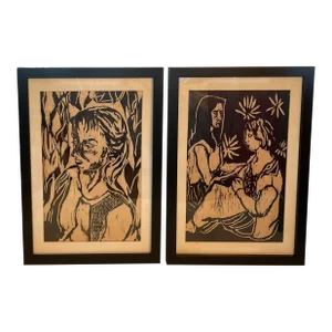 Late 1950s Original Vellum Woodblock Prints - a Pair