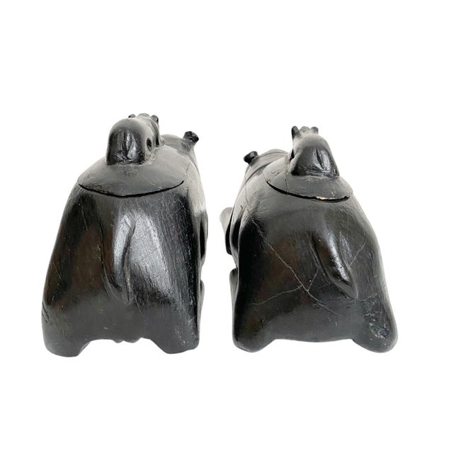African Folk Art Figurines - Black Carved Wood Lidded Hippos For Sale - Image 4 of 7