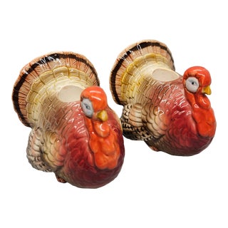 Vtg Otagiri Turkey Candlestick Holders, Pair, Ceramic Thanksgiving Décor For Sale