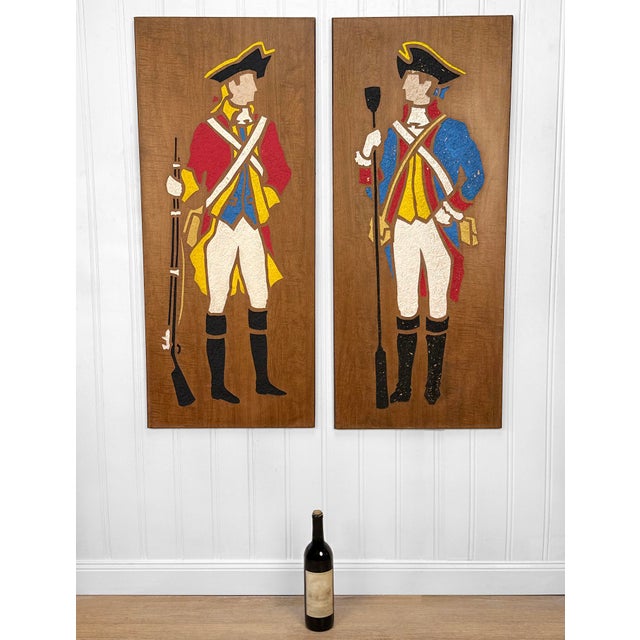 - Original 1950's "Colonial Soldiers" Wall Panels - Monumental Sized - 18" x 42" - Pressed Board with Walnut Veneered...
