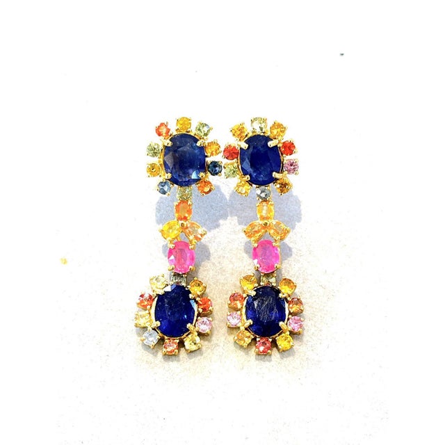 Bochic "Capri" Blue & Multi Sapphire & Ruby Earrings Set In 18K Gold & Silver For Sale - Image 17 of 18