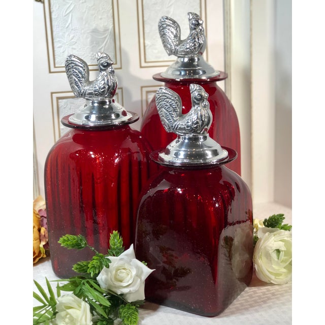 Mexican Hand Crafted Red Glass Pewter Rooster Lid Canisters Kitchen Set