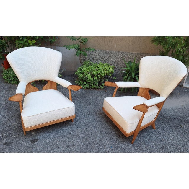 Set of Vintage Armchairs in Light Wood and White Boucle Fabric by Enrico Ciuti, 1950s For Sale - Image 4 of 7