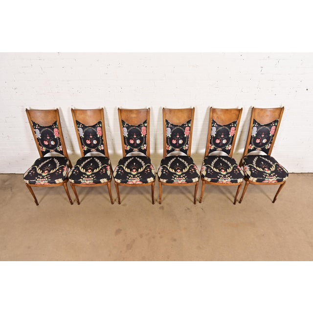 1970s William Doezema for Mastercraft Mid-Century Modern Hollywood Regency Burl Wood Dining Chairs, Set of Six For Sale - Image 5 of 11