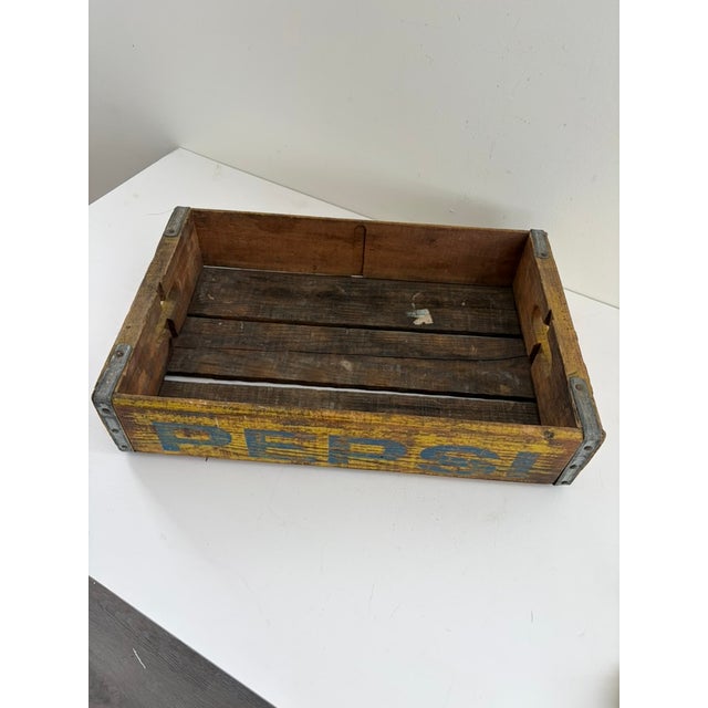 Wood Title: Vintage Pepsi Wood Soda Crate – Yellow With Blue Lettering For Sale - Image 7 of 11