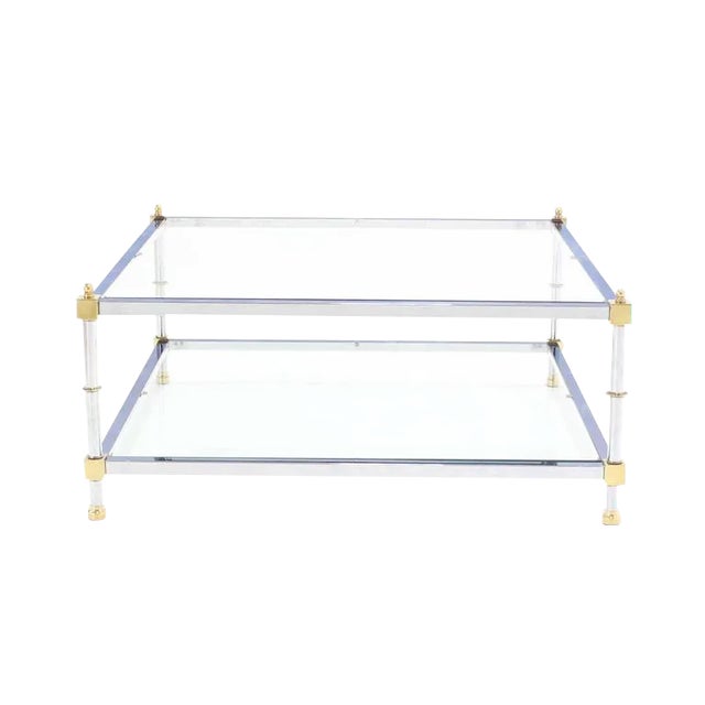 Mid 20th Century Vintage Mid Century Square 2 Tier Chrome Brass Glass Top Coffee Table For Sale - Image 5 of 5